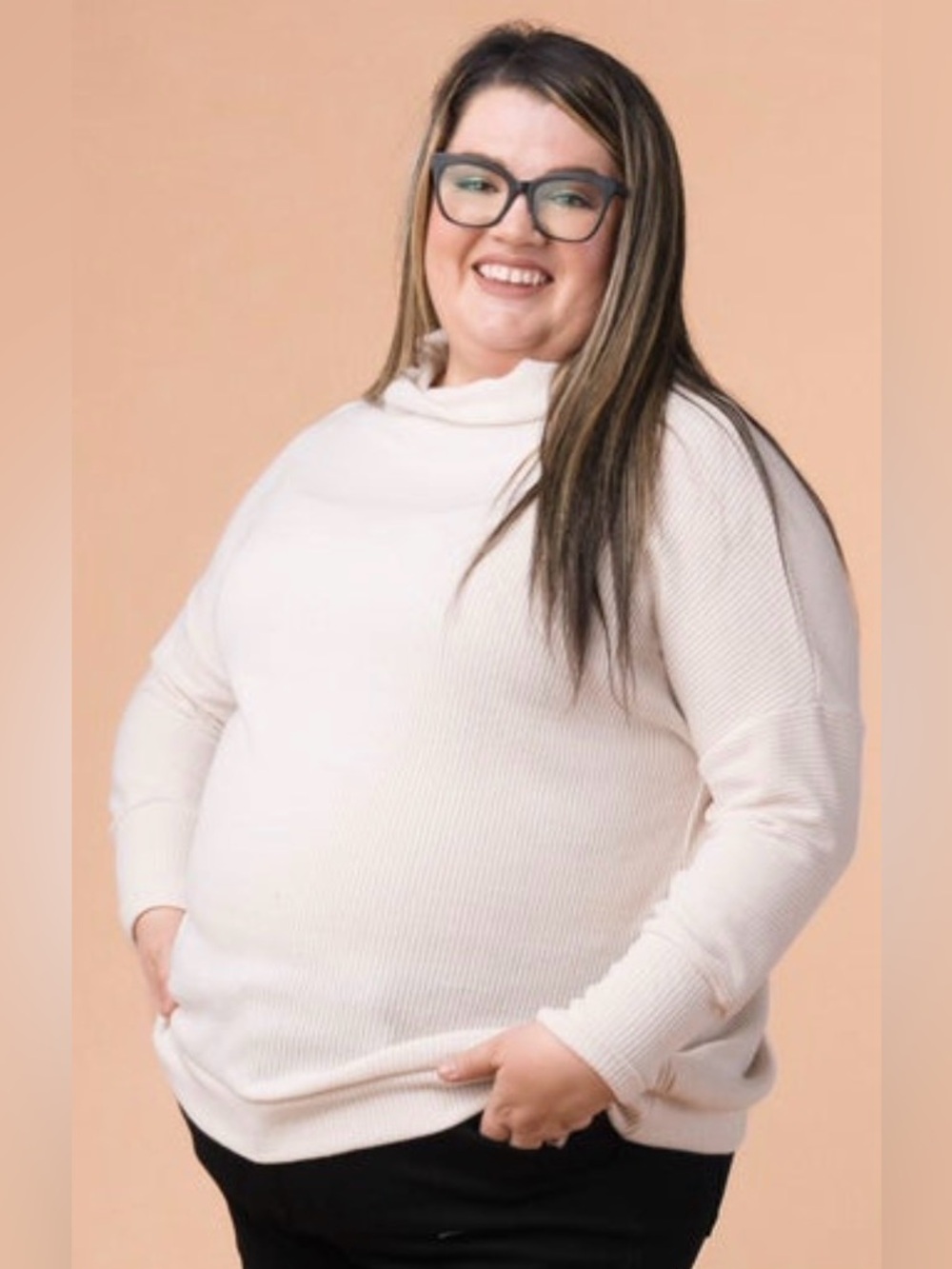 Andrew by Unit~_Cozy Cream Ribbed Draped Neck Top